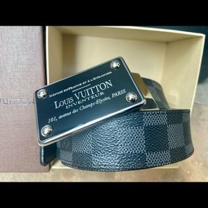 SOLD Authentic Men’s Louis Vuitton grey & black checkered leather belt size 36